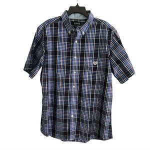 Chaps Easy Care Men's Blue Plaid Short Sleeve Button Up Size XL